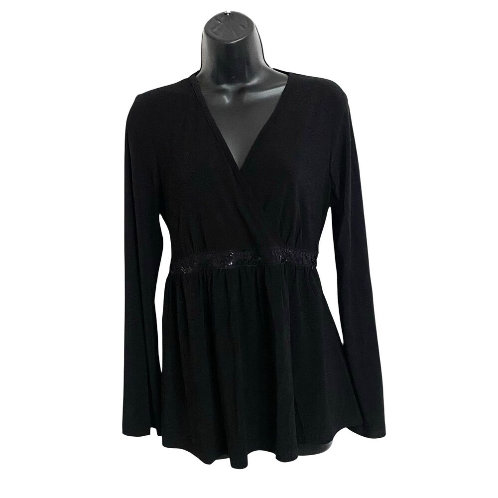 Motherhood Top Blouse Shirt Womens M Black Stretchy Long Sleeve V-neck Bling NWT
